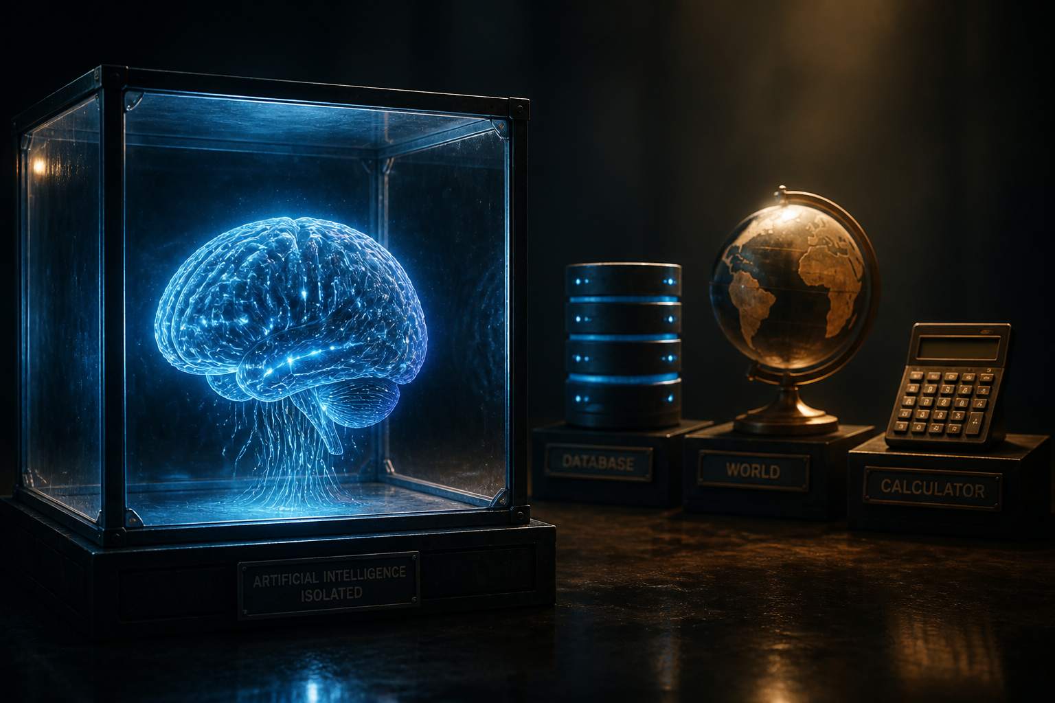 Isolated AI brain in a box looking at tools outside
